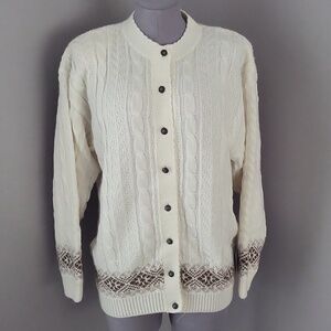 Vintage St. Bernard Italy Cardigan Sweater White Brown Fair Isle Knit